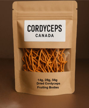 Kraft bag with dried Cordyceps Militaris mushrooms comes in 14g , 28g , 56, bags