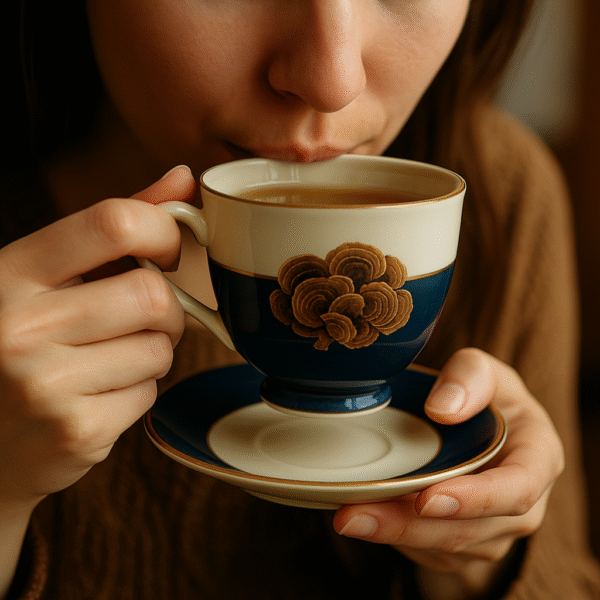 reishi tea in cup Woman drinking Reishi Tea