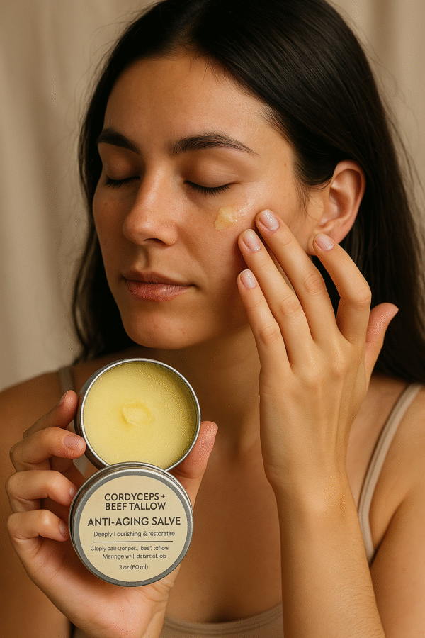 woman w salve Cordyceps + Beef Tallow Salve – Deep Nourishment for Radiant Skin