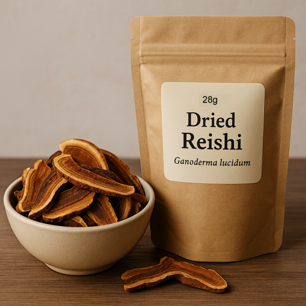 hero image reshj mushroom bowl with reshi mushrooms in iy ans a 28g kraft bag with 29g of reshi