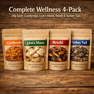 quatro pack 4 packs of 28g each of cordyceps, lions mane, reshi and turkeys tail mushrooms