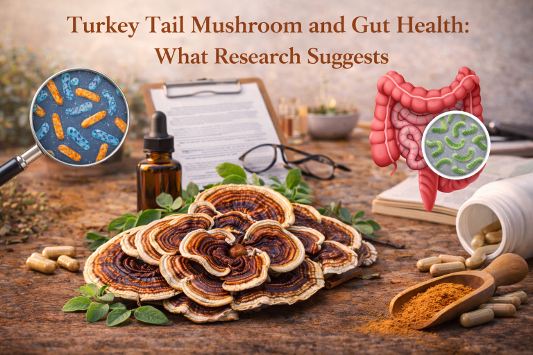 Turkey Tail mushroom for gut health benefits with microbiome and digestive support imagery