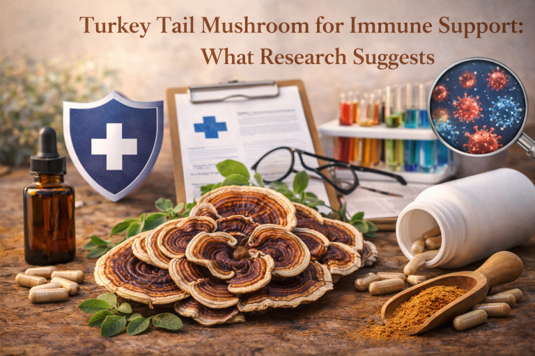 urkey Tail mushroom (Trametes versicolor) showing natural fan-shaped bands, commonly associated with immune support research”