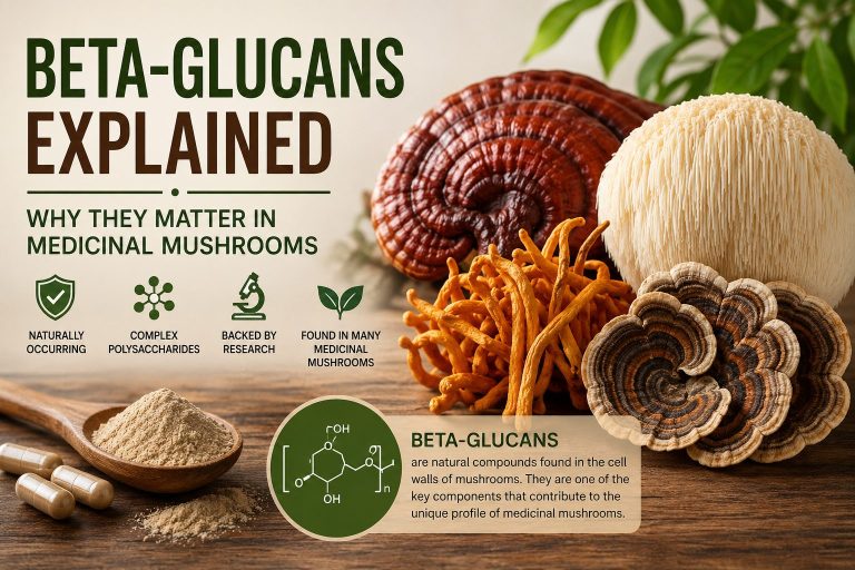 Close-up of medicinal mushrooms illustrating naturally occurring beta-glucans within mushroom cell walls