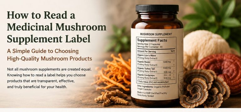 Medicinal mushroom supplement label showing mushroom species, extract ratio, beta-glucans, and quality indicators