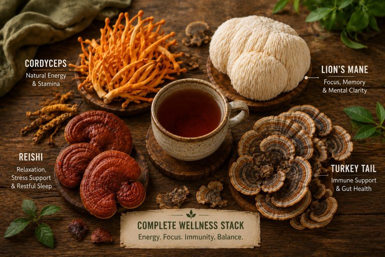 Medicinal mushroom stack featuring Cordyceps, Lion's Mane, Reishi, and Turkey Tail around a wellness tea cup
