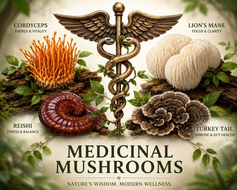 Four medicinal mushrooms including Cordyceps, Lion's Mane, Reishi, and Turkey Tail growing around a medical symbol, representing functional mushrooms used in wellness.
