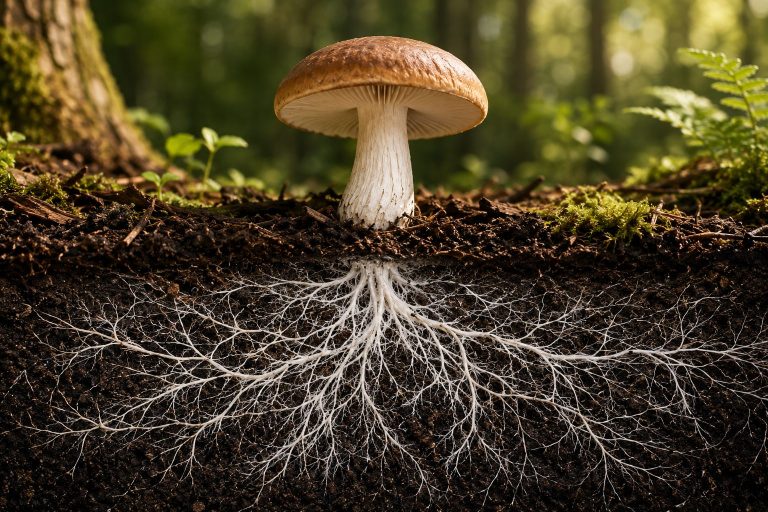 Comparison of mushroom fruiting body and mycelium illustrating the different parts of a medicinal mushroom