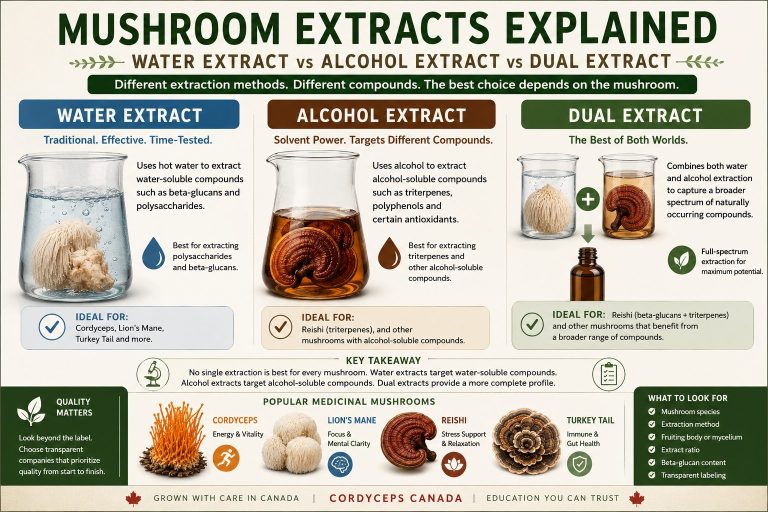 Illustration comparing water extraction, alcohol extraction, and dual extraction methods used to produce medicinal mushroom supplements from Cordyceps, Lion's Mane, Reishi, and Turkey Tail.
