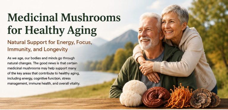 Older adults enjoying an active lifestyle with Cordyceps, Lion's Mane, Reishi, and Turkey Tail mushrooms for healthy aging