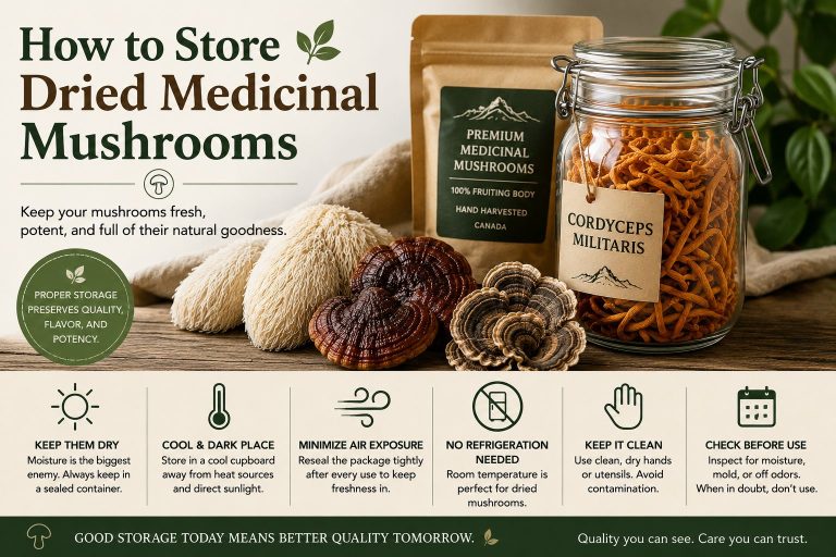 Properly stored dried medicinal mushrooms including Cordyceps, Lion's Mane, Reishi, and Turkey Tail in airtight containers to maintain freshness and quality.