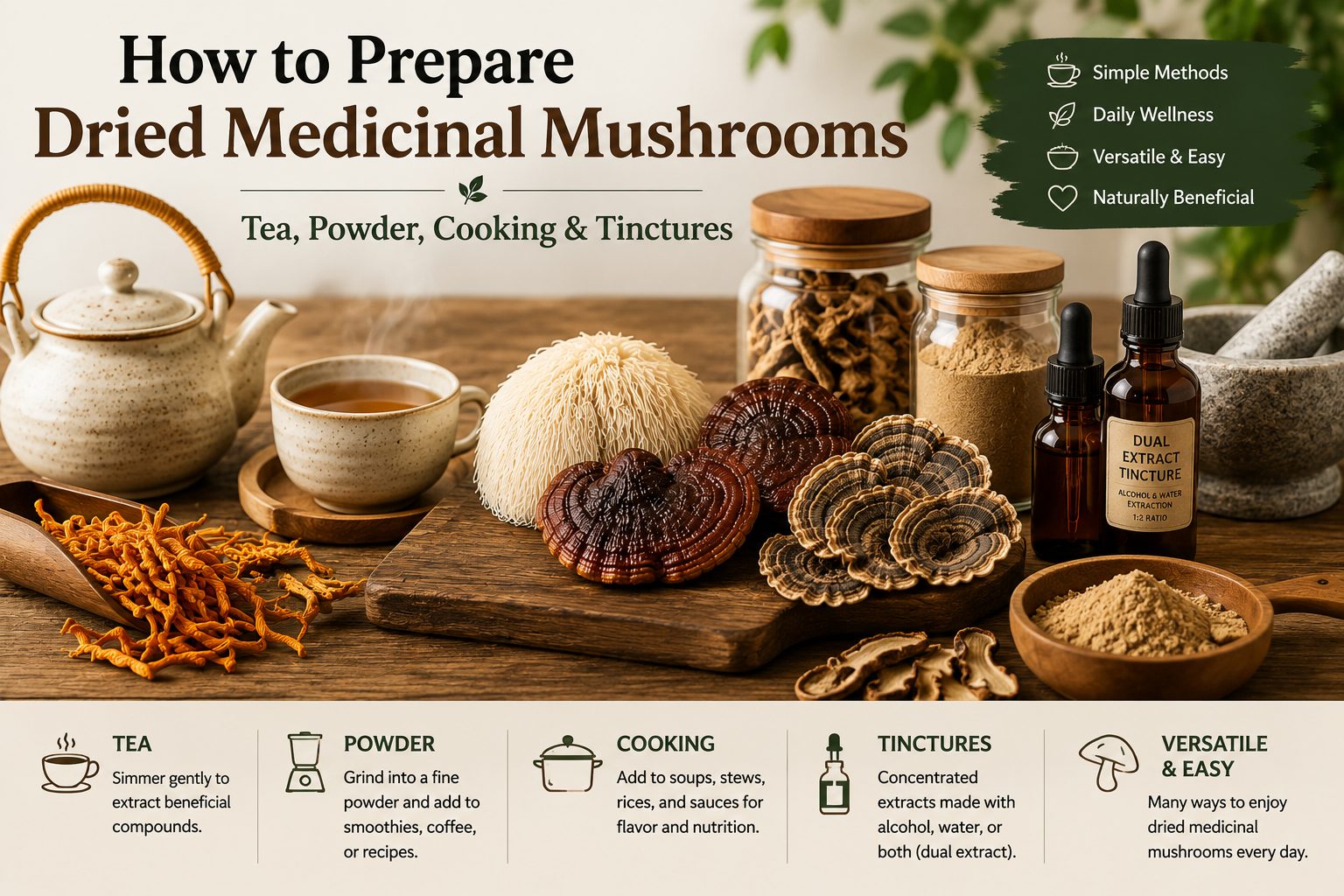 Preparing dried medicinal mushrooms as tea, powder, cooking ingredients, and tinctures using Cordyceps, Lion's Mane, Reishi, and Turkey Tail.