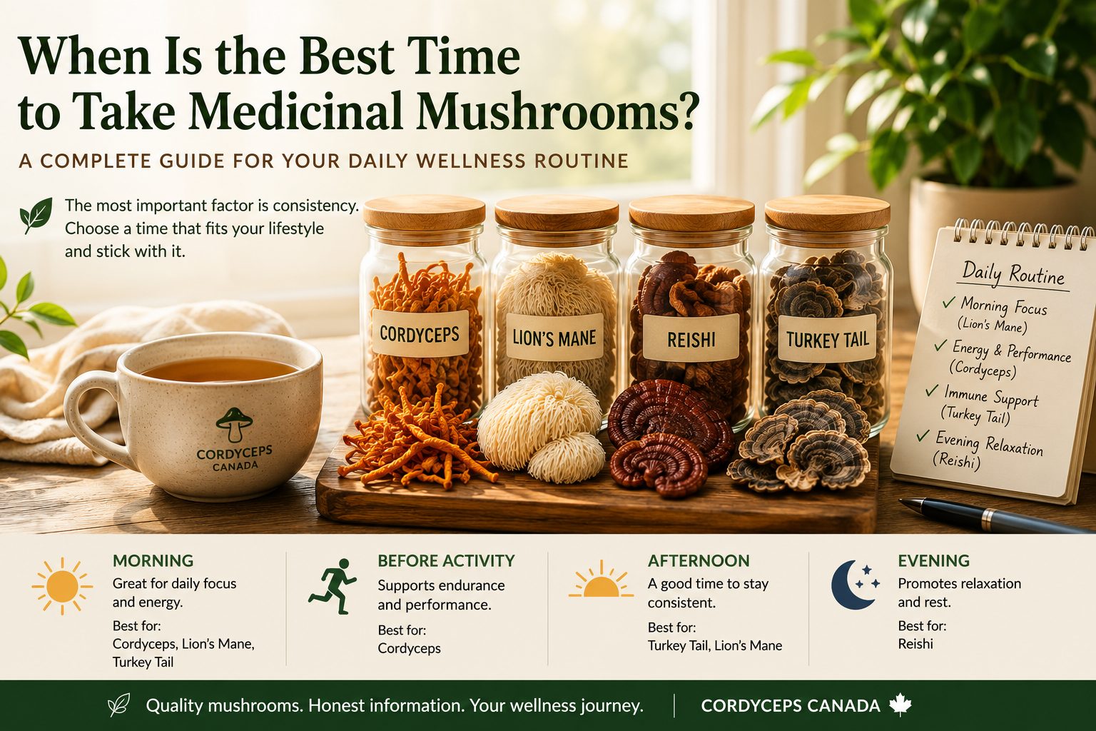 Morning wellness routine with Cordyceps, Lion's Mane, Reishi, and Turkey Tail dried medicinal mushrooms.