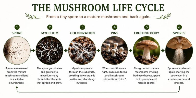 Illustration showing the complete life cycle of medicinal mushrooms from spores and mycelium to mature fruiting bodies, harvest, and drying.