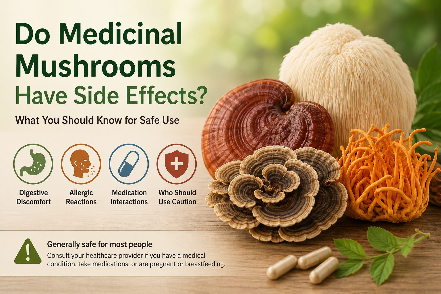 Infographic showing Lion's Mane, Reishi, Cordyceps, and Turkey Tail mushrooms with key information about possible side effects, medication interactions, allergies, and safe use.