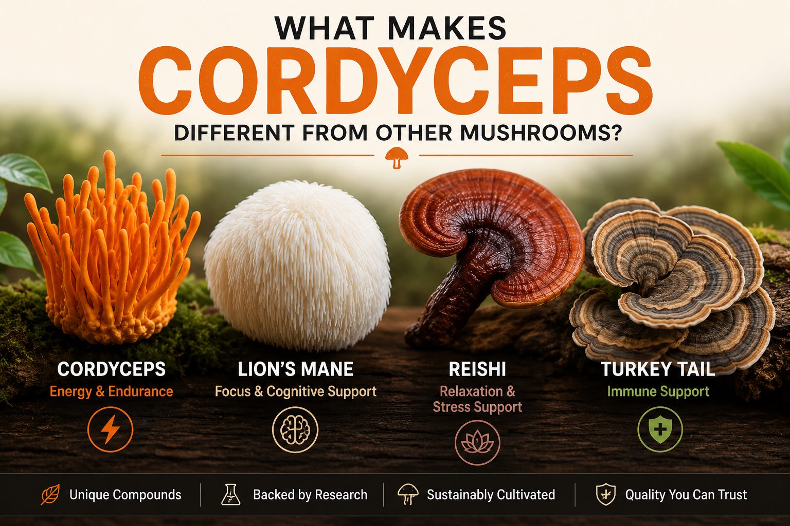 Comparison of Cordyceps, Lion's Mane, Reishi, and Turkey Tail highlighting the unique characteristics and benefits of Cordyceps militaris.